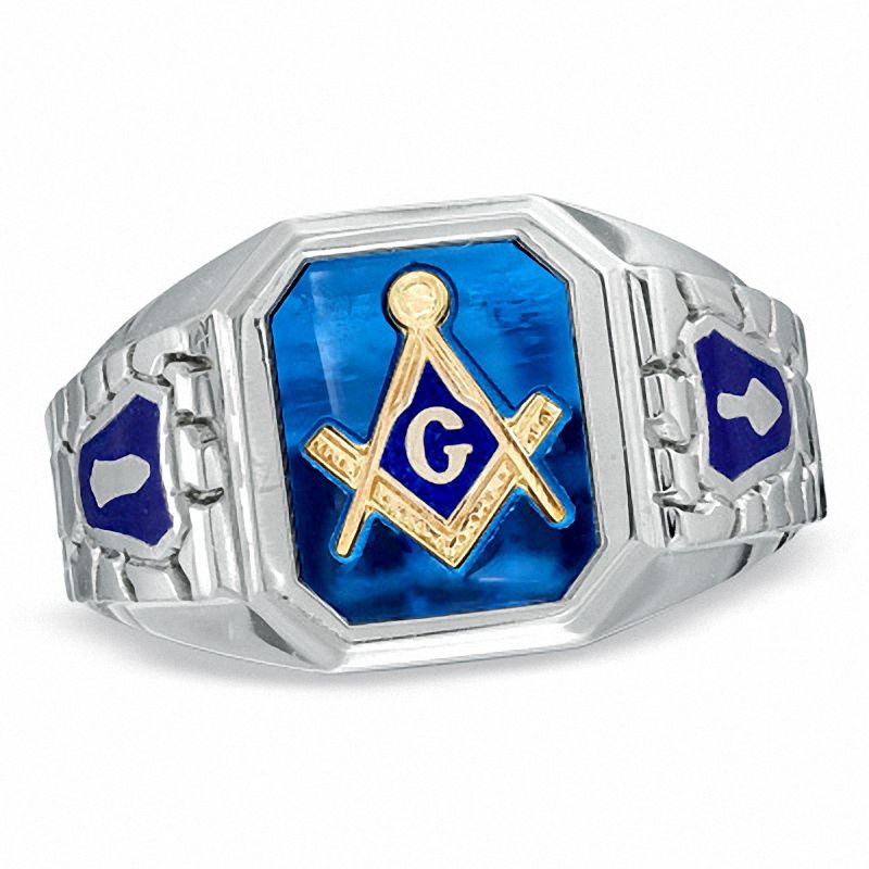 Men's Lab-Created Blue Sapphire and Enamel Comfort Fit Masonic Ring in Sterling Silver