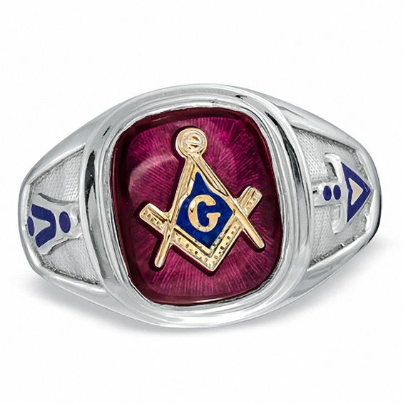 Lab-Created Ruby and Enamel Comfort Fit Masonic Ring in Sterling Silver