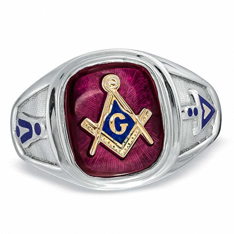 Men's Lab-Created Ruby and Enamel Comfort Fit Masonic Ring in Sterling Silver