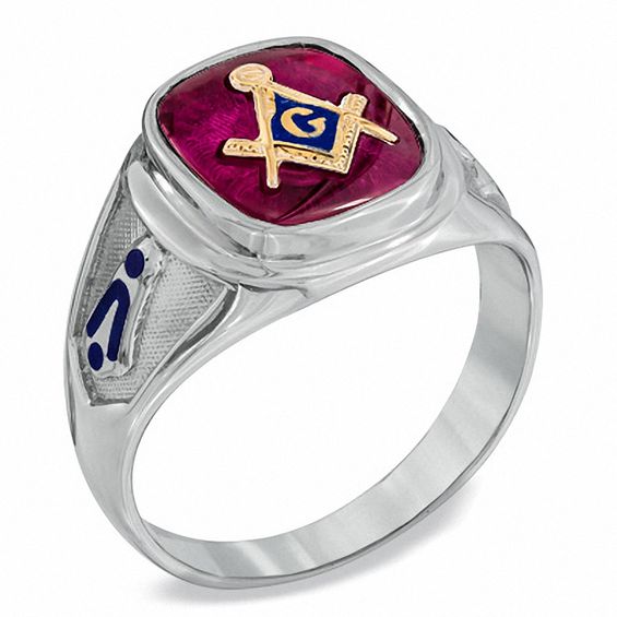 Lab-Created Ruby and Enamel Comfort Fit Masonic Ring in Sterling Silver