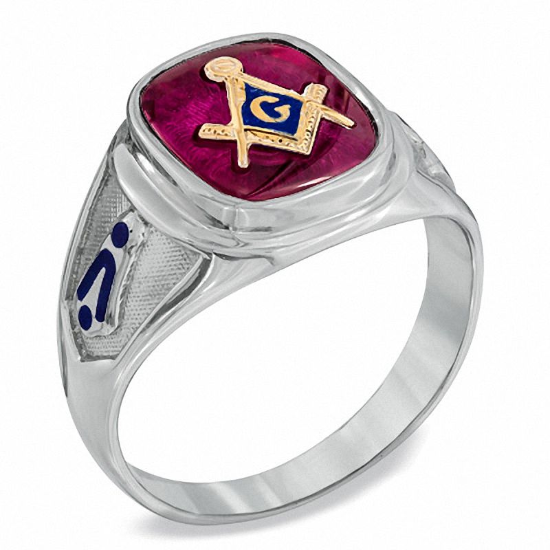 Main Image 2 of Men's Lab-Created Ruby and Enamel Comfort Fit Masonic Ring in Sterling Silver
