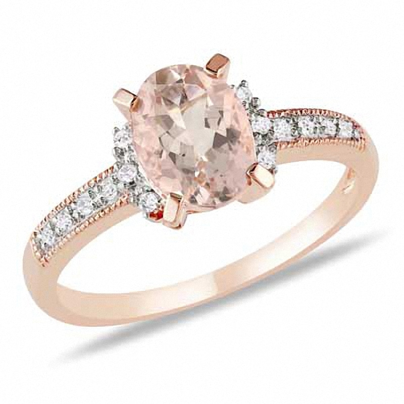 Oval Morganite and 1/15 CT. T.W. Diamond Engagement Ring in Rose Rhodium Sterling Silver