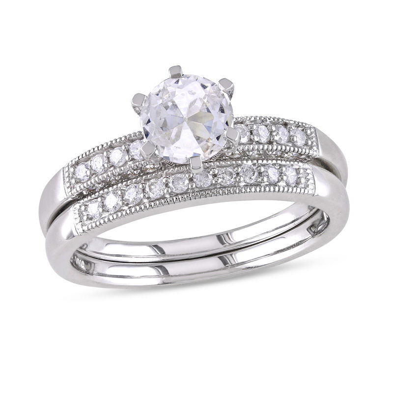 Main Image 1 of 6.5mm Lab-Created White Sapphire and 1/3 CT. T.W. Diamond Bridal Set in 10K White Gold
