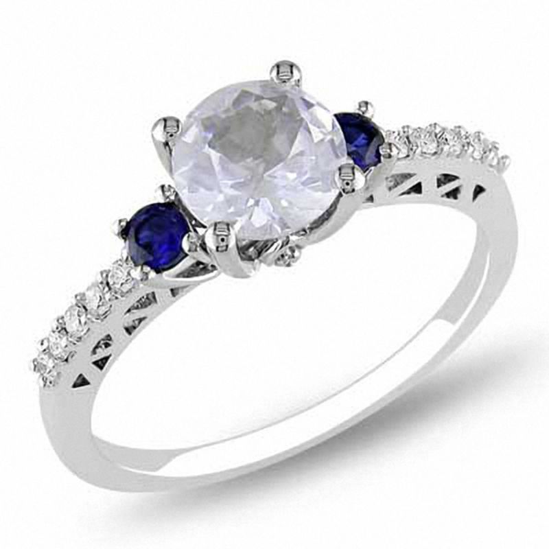 Main Image 1 of Lab-Created White and Blue Sapphire Three Stone Ring with 1/10 CT. T.W Diamonds in 10K White Gold