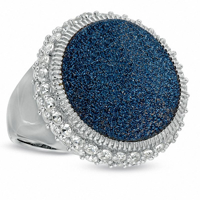 Main Image 1 of 18.0mm Blue Drusy Quartz and Lab-Created White Sapphire Ring in Sterling Silver