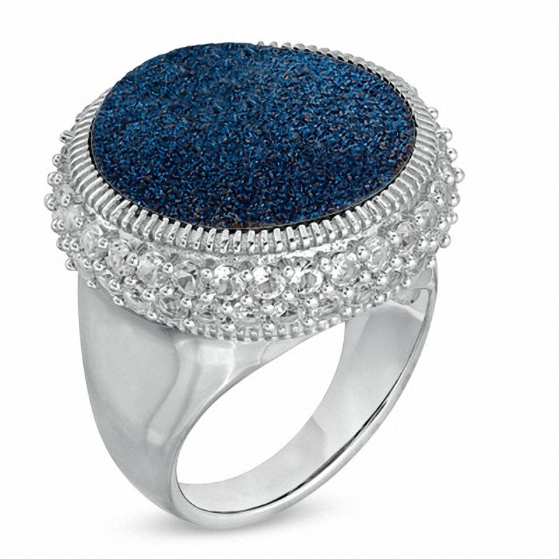Main Image 2 of 18.0mm Blue Drusy Quartz and Lab-Created White Sapphire Ring in Sterling Silver