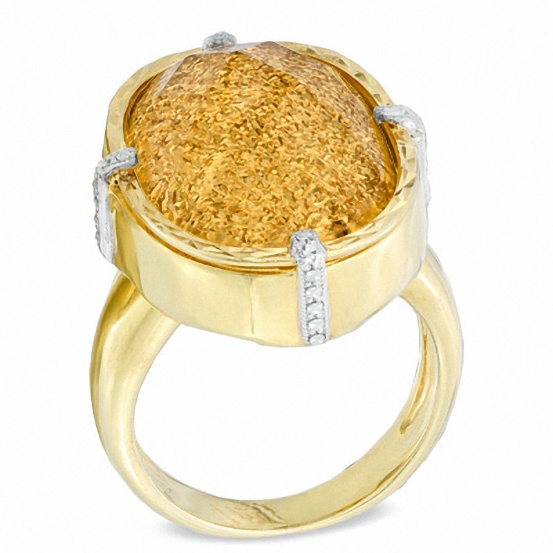 Main Image 2 of Oval Golden Drusy Quartz and Crystal Ring in Sterling Silver with 14K Gold Plate