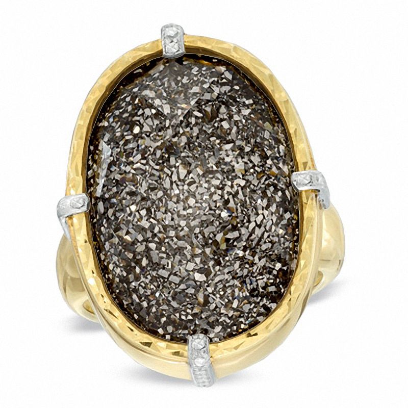 Main Image 1 of Oval Whiskey Drusy Quartz and Crystal Ring in Sterling Silver with 14K Gold Plate
