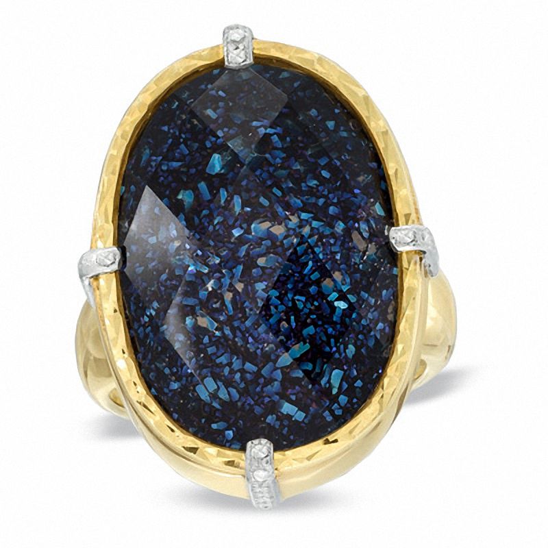 Main Image 1 of Oval Blue Drusy Quartz and Crystal Ring in Sterling Silver with 14K Gold Plate