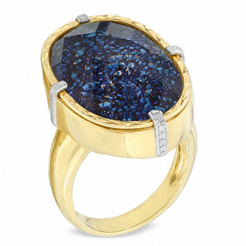 Main Image 2 of Oval Blue Drusy Quartz and Crystal Ring in Sterling Silver with 14K Gold Plate