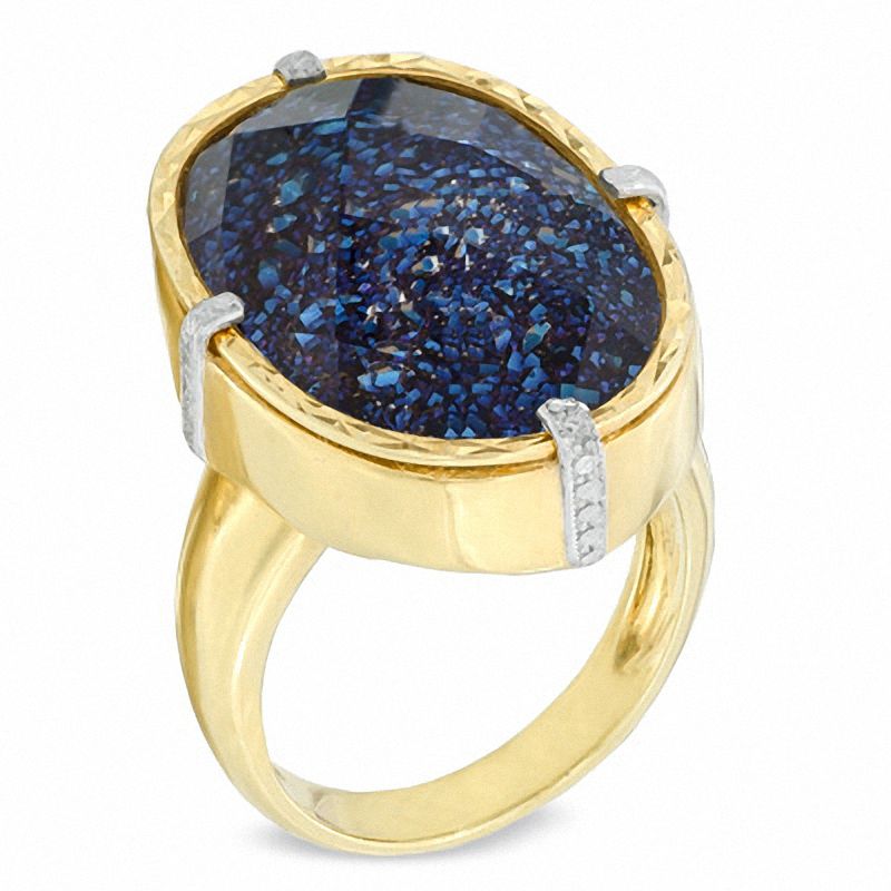 Oval Blue Drusy Quartz and Crystal Ring in Sterling Silver with 14K Gold Plate