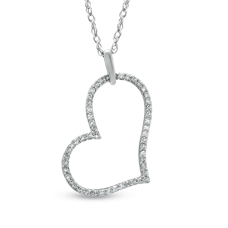 1/10 CT. T.W. Diamond Tilted Heart Outline Pendant in 10K White Gold