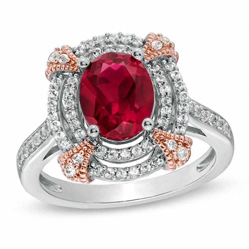 Main Image 1 of Oval Lab-Created Ruby and White Sapphire Ring in Two-Tone Sterling Silver
