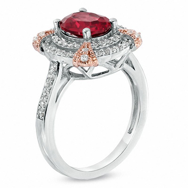 Main Image 2 of Oval Lab-Created Ruby and White Sapphire Ring in Two-Tone Sterling Silver