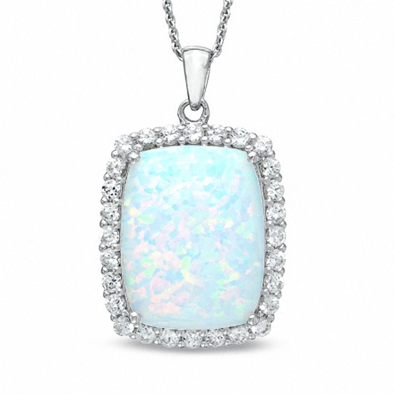 Main Image 1 of Cushion-Cut Lab-Created Opal and White Sapphire Frame Pendant in Sterling Silver