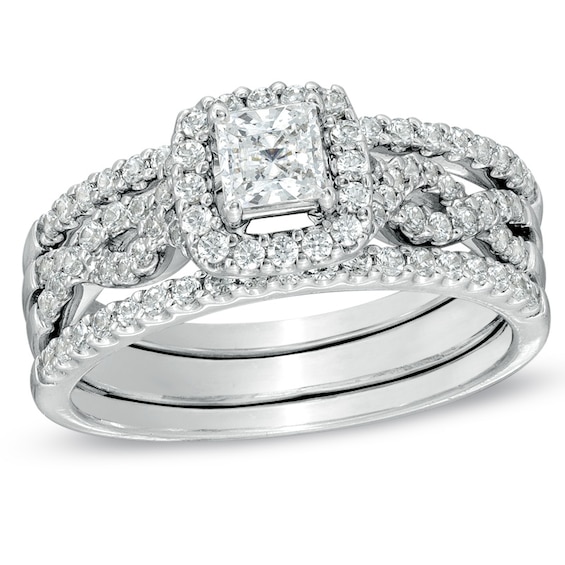 7/8 CT. T.w. Princess-Cut Diamond Framed Twist Shank Bridal Set in 14K White Gold
