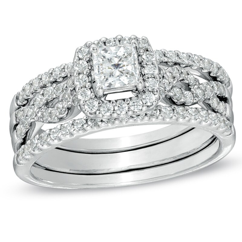 Main Image 1 of 7/8 CT. T.W. Princess-Cut Diamond Framed Twist Shank Bridal Set in 14K White Gold