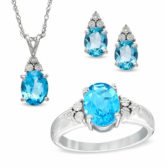 Oval Swiss Blue Topaz and Diamond Accent Pendant, Ring and Earrings Set in Sterling Silver - Size 7