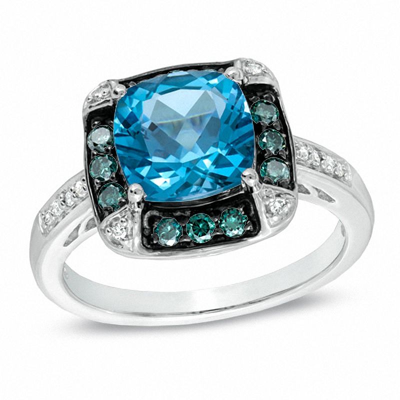 Main Image 1 of 8.0mm Cushion-Cut Swiss Blue Topaz and 1/3 CT. T.W. Enhanced Blue and White Diamond Ring in 10K White Gold