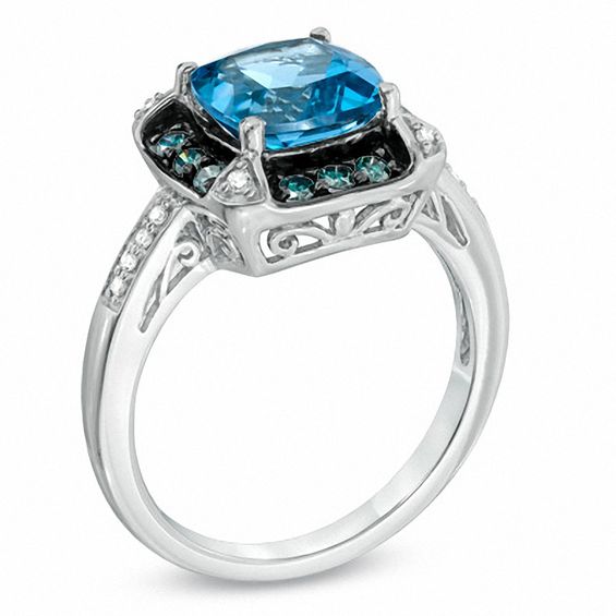 8.0mm Cushion-Cut Swiss Blue Topaz and 1/3 CT. T.w. Enhanced Blue and White Diamond Ring in 10K White Gold
