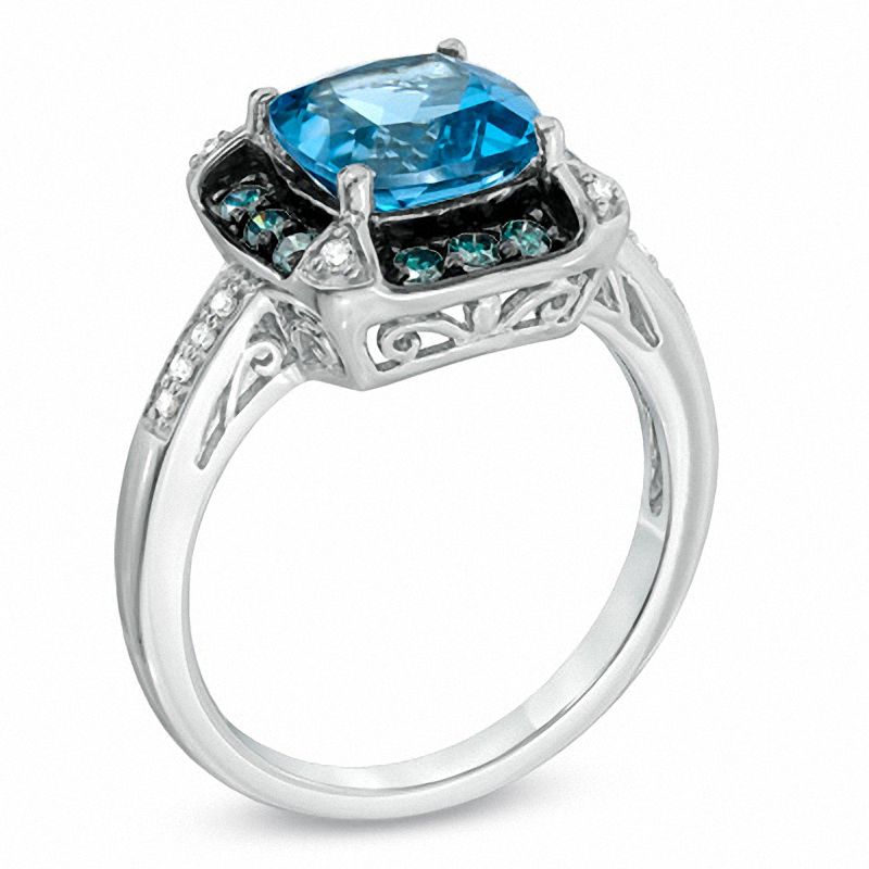 Main Image 2 of 8.0mm Cushion-Cut Swiss Blue Topaz and 1/3 CT. T.W. Enhanced Blue and White Diamond Ring in 10K White Gold
