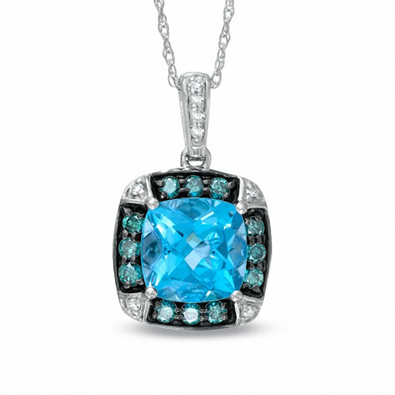 Main Image 1 of 8.0mm Cushion-Cut Swiss Blue Topaz and 1/3 CT. T.W. Enhanced Blue and White Diamond Pendant in 10K White Gold