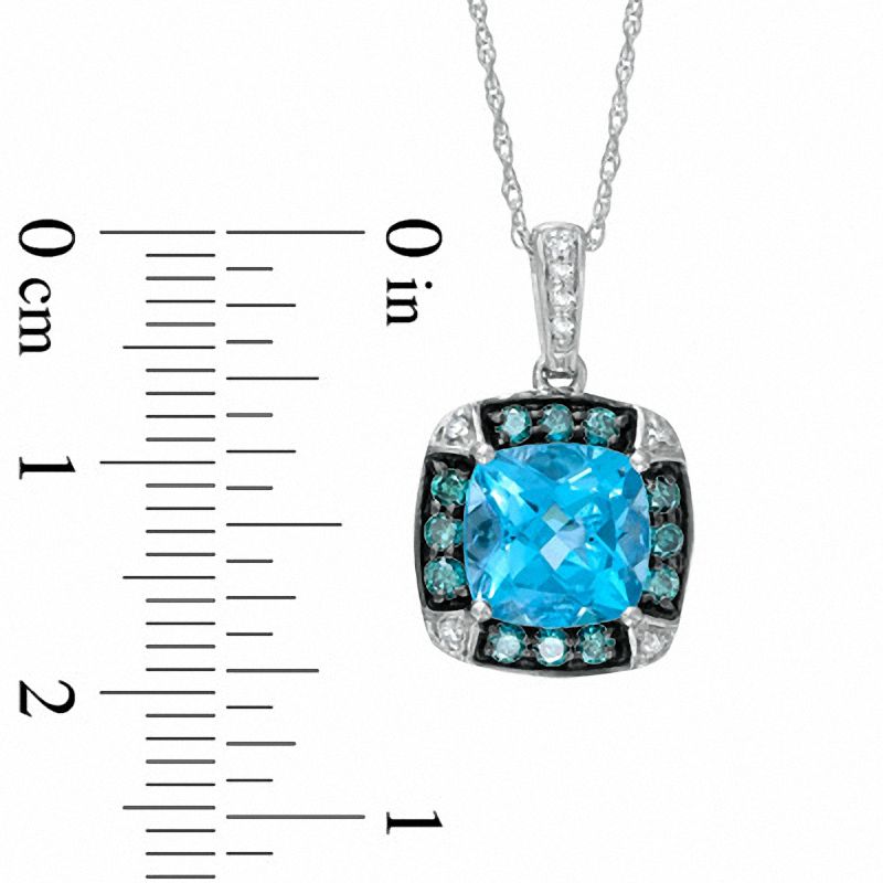 Main Image 2 of 8.0mm Cushion-Cut Swiss Blue Topaz and 1/3 CT. T.W. Enhanced Blue and White Diamond Pendant in 10K White Gold