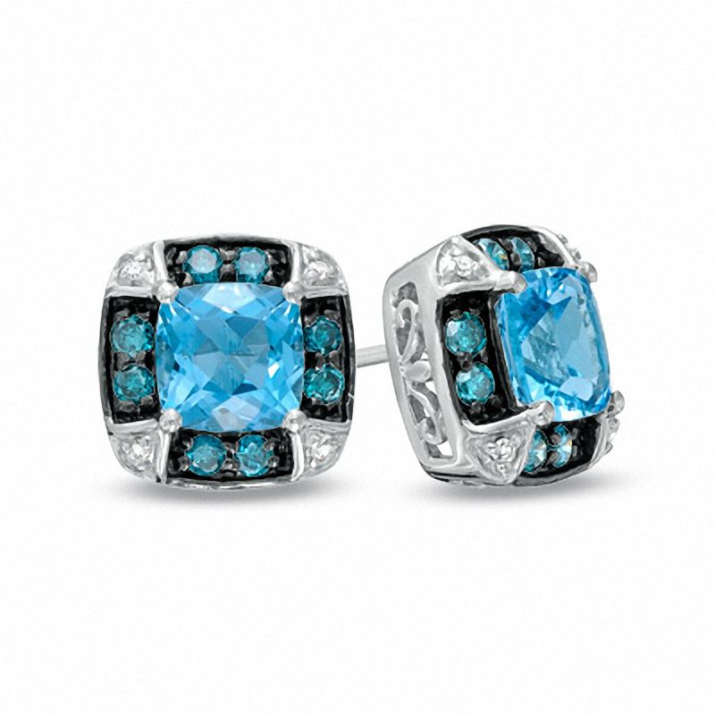 Main Image 1 of 6.0mm Cushion-Cut Swiss Blue Topaz and 3/8 CT. T.W. Enhanced Blue and White Diamond Earrings in 10K White Gold