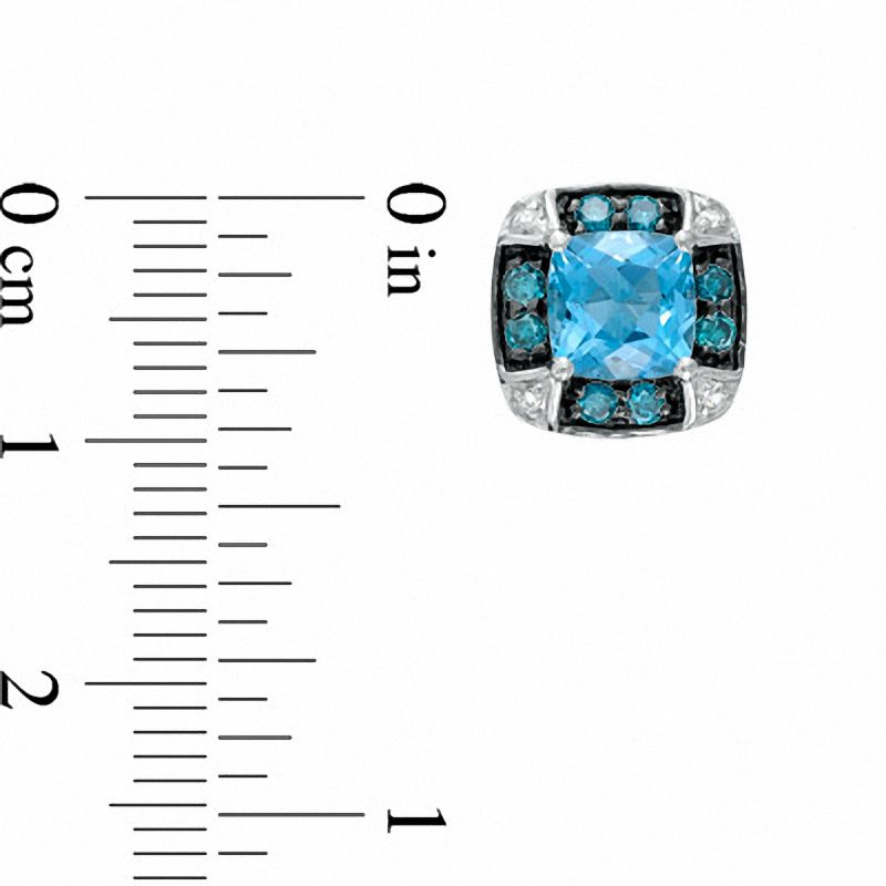 Main Image 2 of 6.0mm Cushion-Cut Swiss Blue Topaz and 3/8 CT. T.W. Enhanced Blue and White Diamond Earrings in 10K White Gold