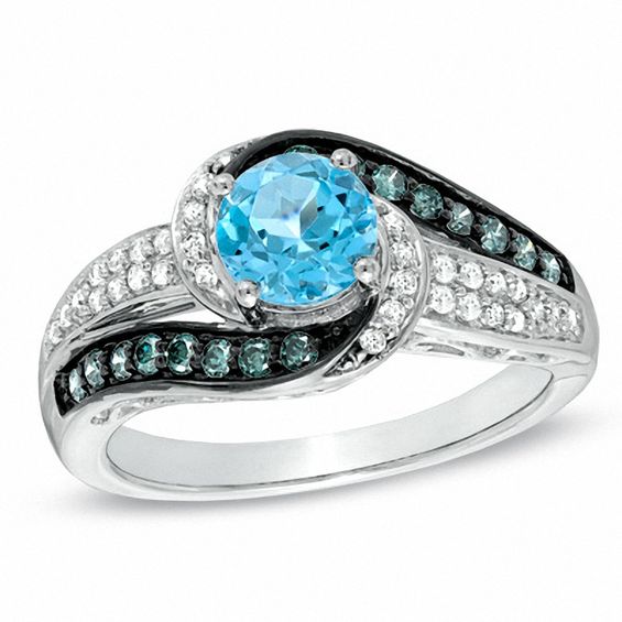 6.0mm Swiss Blue Topaz and 1/3 CT. T.w. Enhanced Blue and White Diamond Ring in 10K White Gold
