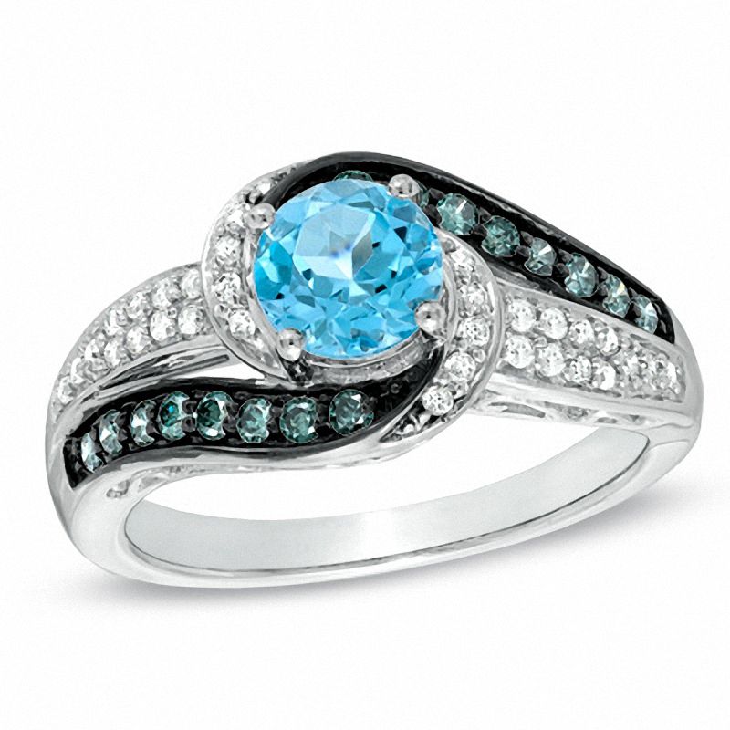 6.0mm Swiss Blue Topaz and 1/3 CT. T.W. Enhanced Blue and White Diamond Ring in 10K White Gold