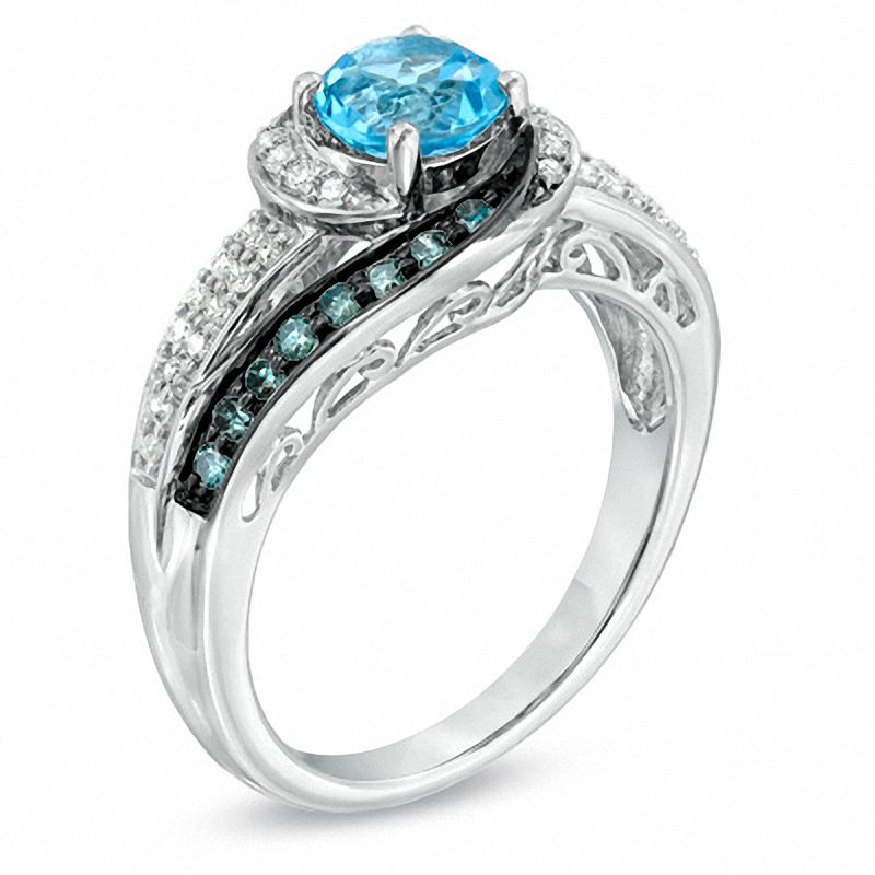 6.0mm Swiss Blue Topaz and 1/3 CT. T.W. Enhanced Blue and White Diamond Ring in 10K White Gold