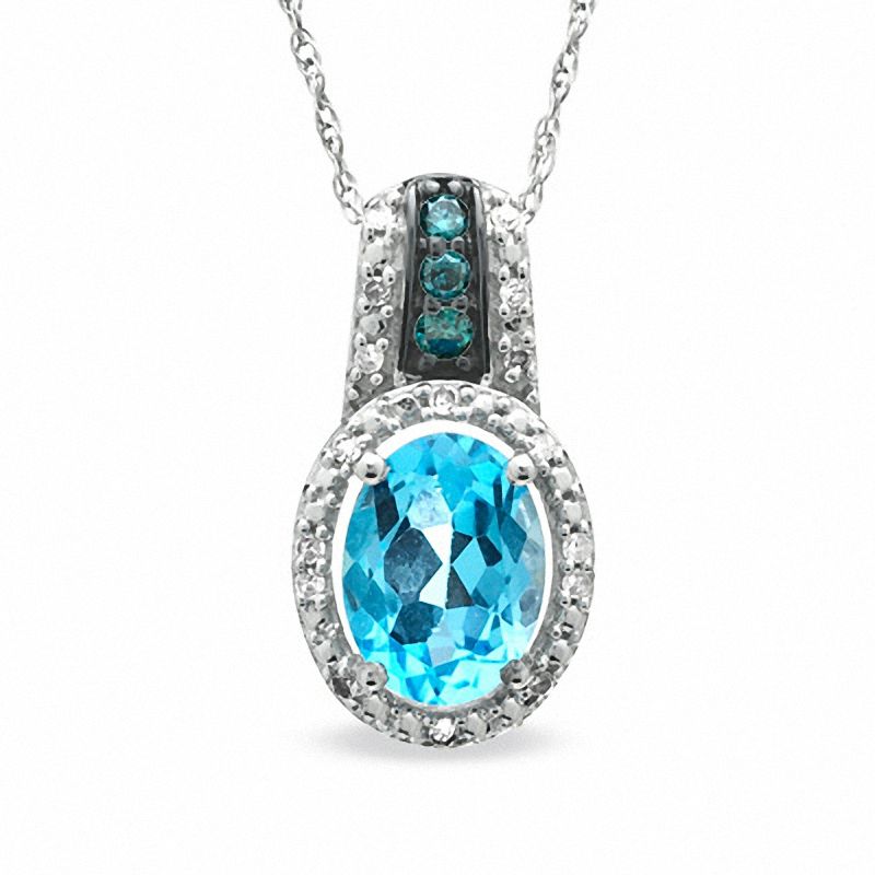 Main Image 1 of Oval Swiss Blue Topaz and 1/10 CT. T.W. Enhanced Blue and White Diamond Pendant in 10K White Gold