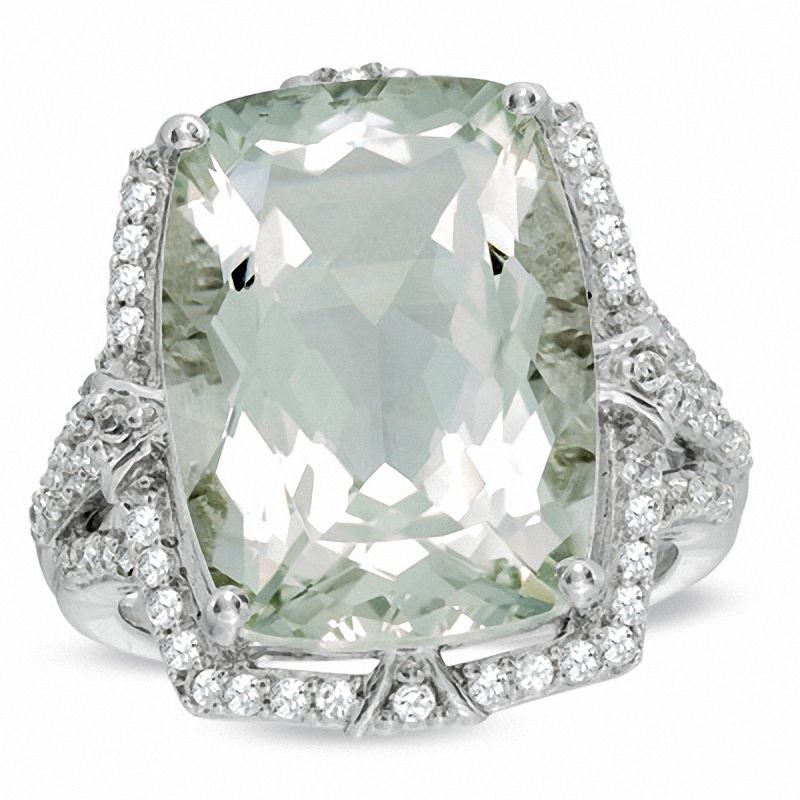 Main Image 1 of Cushion-Cut Green Quartz and Lab-Created White Sapphire Ring in Sterling Silver