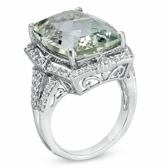 Cushion-Cut Green Quartz and Lab-Created White Sapphire Ring in Sterling Silver