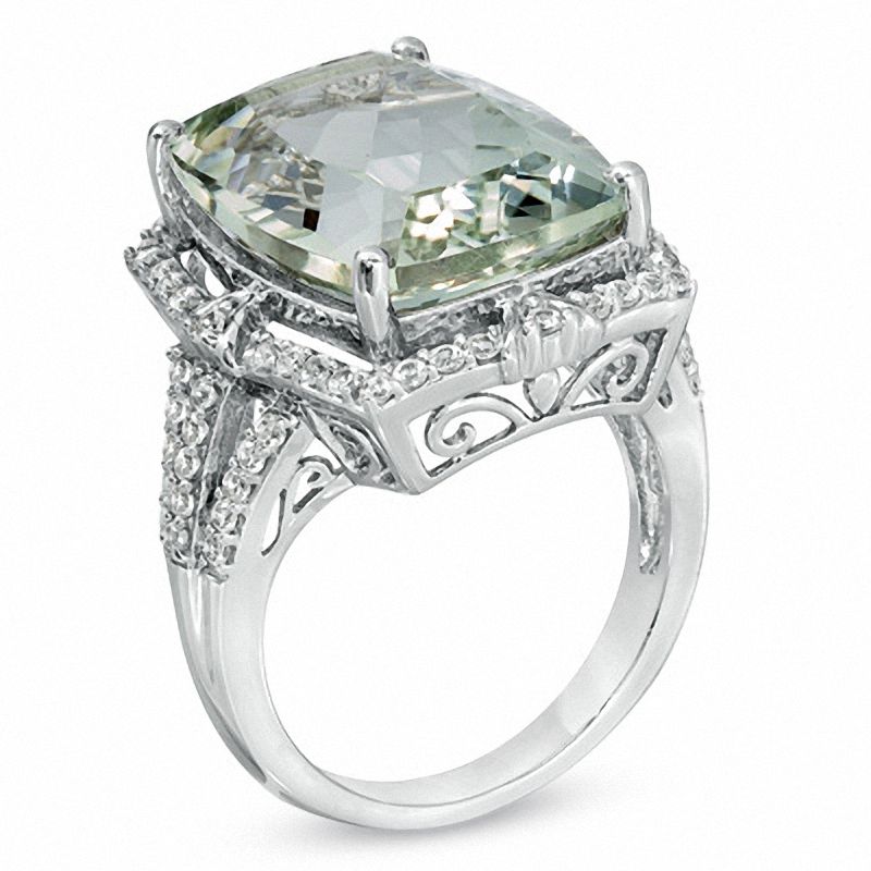 Main Image 2 of Cushion-Cut Green Quartz and Lab-Created White Sapphire Ring in Sterling Silver