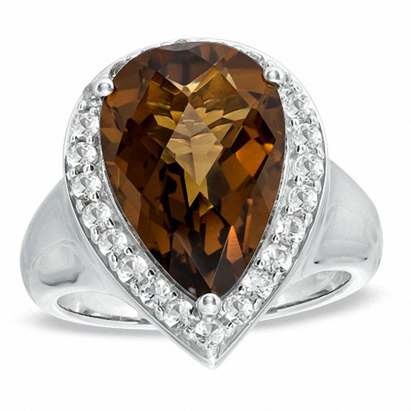 Main Image 1 of Pear-Shaped Cognac Quartz and Lab-Created White Sapphire Ring in Sterling Silver