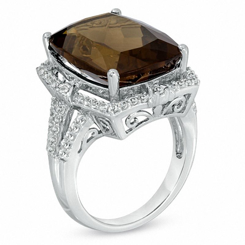 Cushion-Cut Cognac Quartz and Lab-Created White Sapphire Ring in Sterling Silver