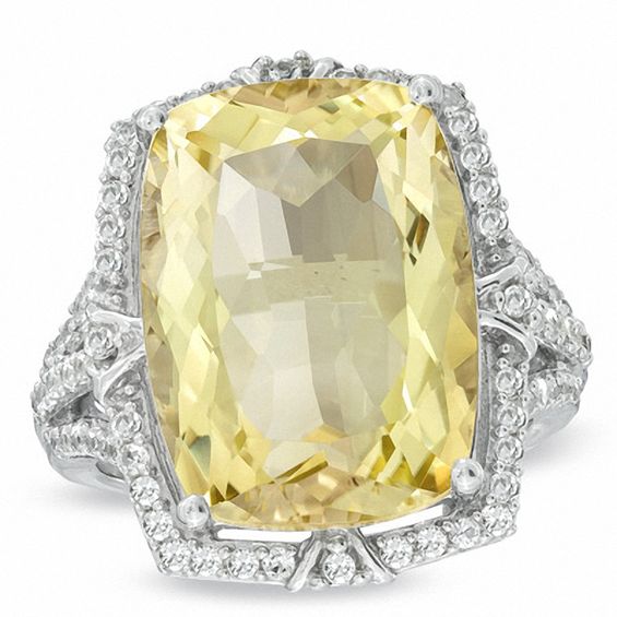Cushion-Cut Lemon Quartz and Lab-Created White Sapphire Ring in Sterling Silver