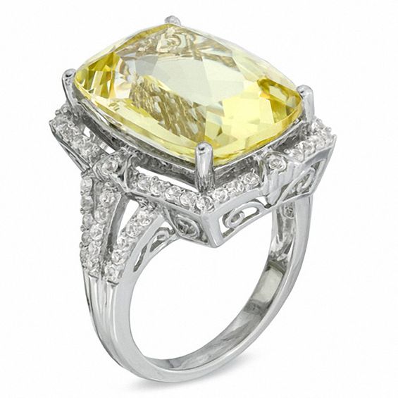 Cushion-Cut Lemon Quartz and Lab-Created White Sapphire Ring in Sterling Silver
