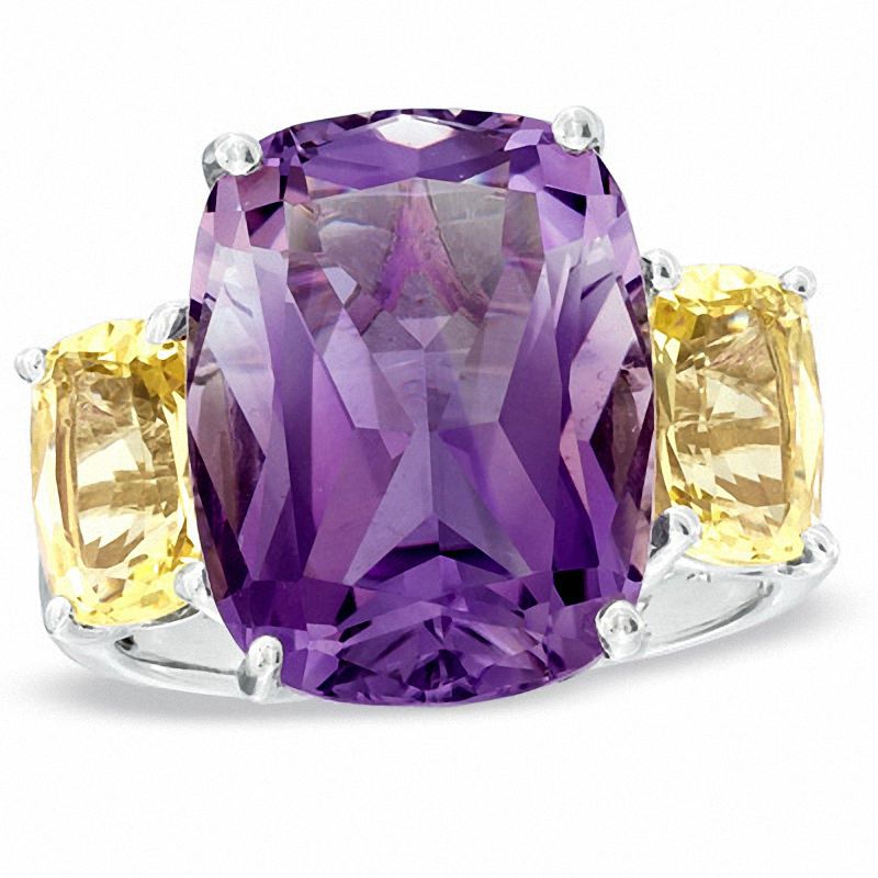 Main Image 1 of Cushion-Cut Amethyst and Lima Quartz Ring in Sterling Silver