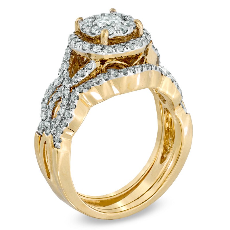 Main Image 2 of 1-1/4 CT. T.W. Diamond Vintage-Style Twist Shank Three-Piece Bridal Set in 14K Gold