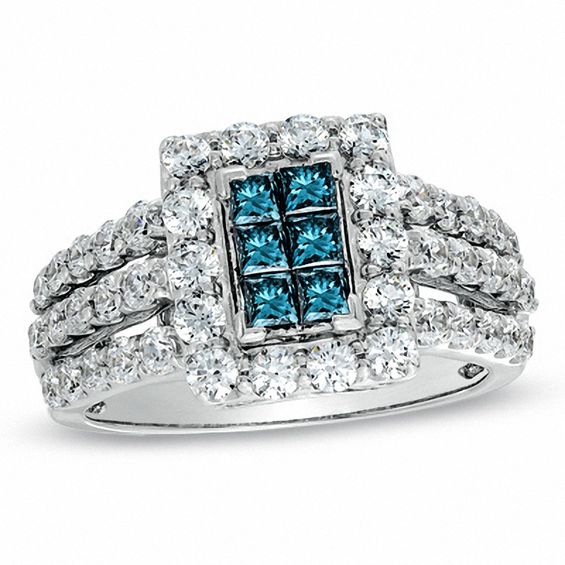 2 CT. T.w. Enhanced Blue Composite Princess-Cut and White Diamond Rectangular Frame Ring in 14K White Gold