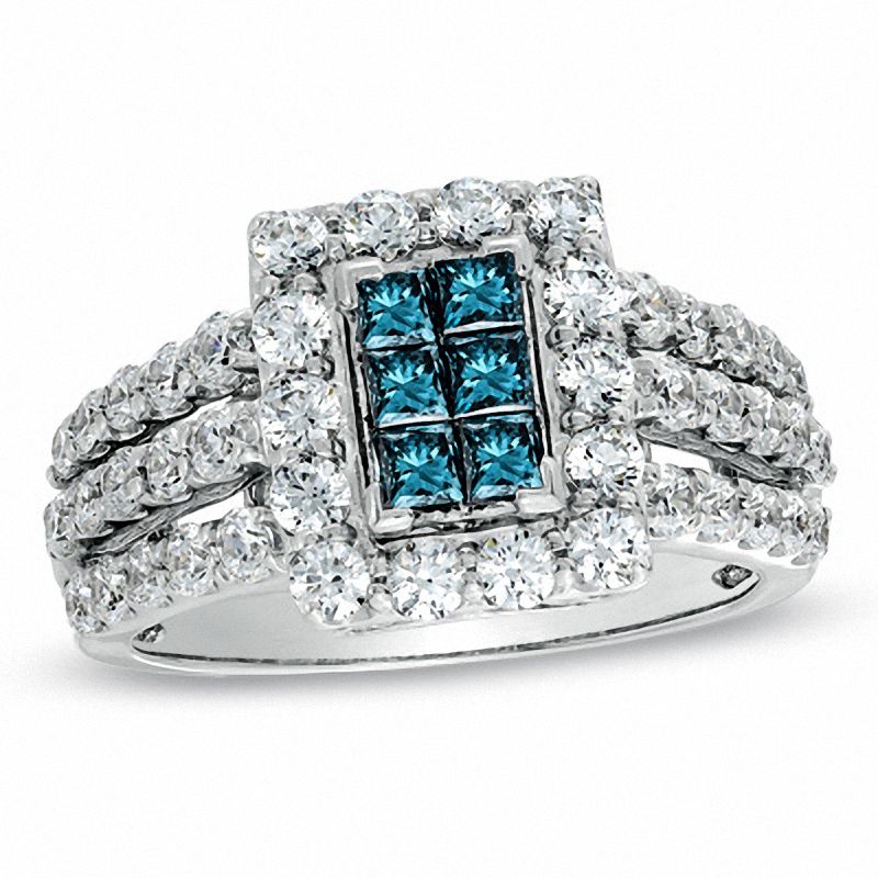 Main Image 1 of 2 CT. T.W. Enhanced Blue Composite Princess-Cut and White Diamond Rectangular Frame Ring in 14K White Gold