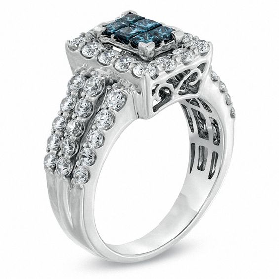 2 CT. T.w. Enhanced Blue Composite Princess-Cut and White Diamond Rectangular Frame Ring in 14K White Gold