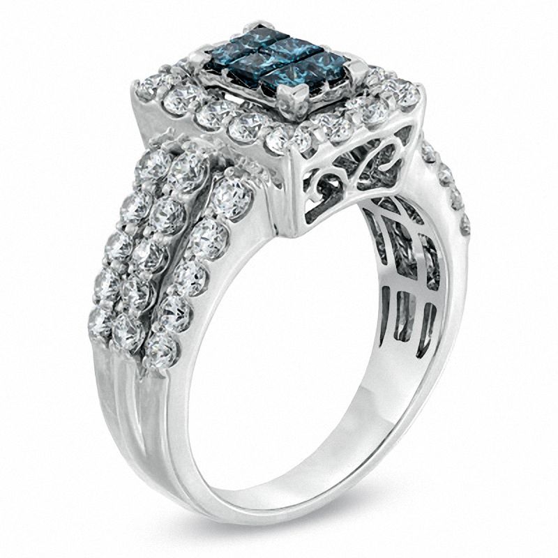 Main Image 2 of 2 CT. T.W. Enhanced Blue Composite Princess-Cut and White Diamond Rectangular Frame Ring in 14K White Gold