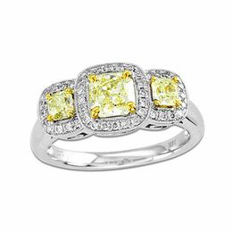 1 CT. T.W. Radiant-Cut Yellow and White Diamond Three Stone Ring in 18K White Gold (SI2)