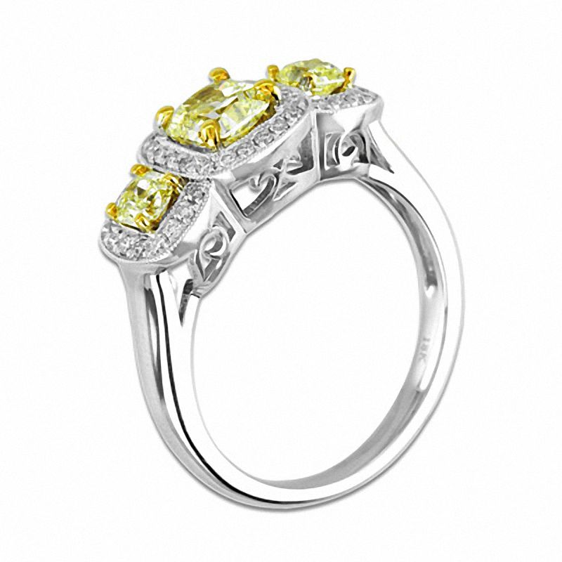 1 CT. T.W. Radiant-Cut Yellow and White Diamond Three Stone Ring in 18K White Gold (SI2)