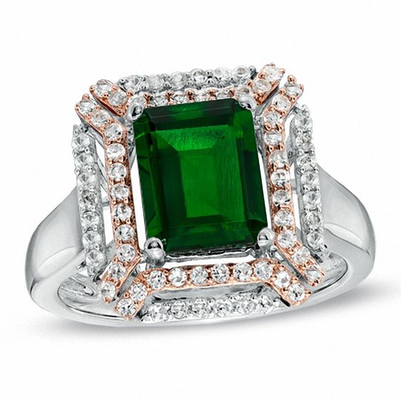 Emerald-Cut Lab-Created Emerald and White Sapphire Ring in Two-Tone Sterling Silver