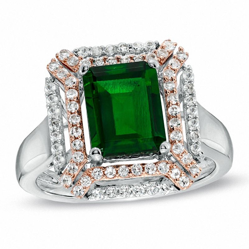 Main Image 1 of Emerald-Cut Lab-Created Emerald and White Sapphire Ring in Two-Tone Sterling Silver
